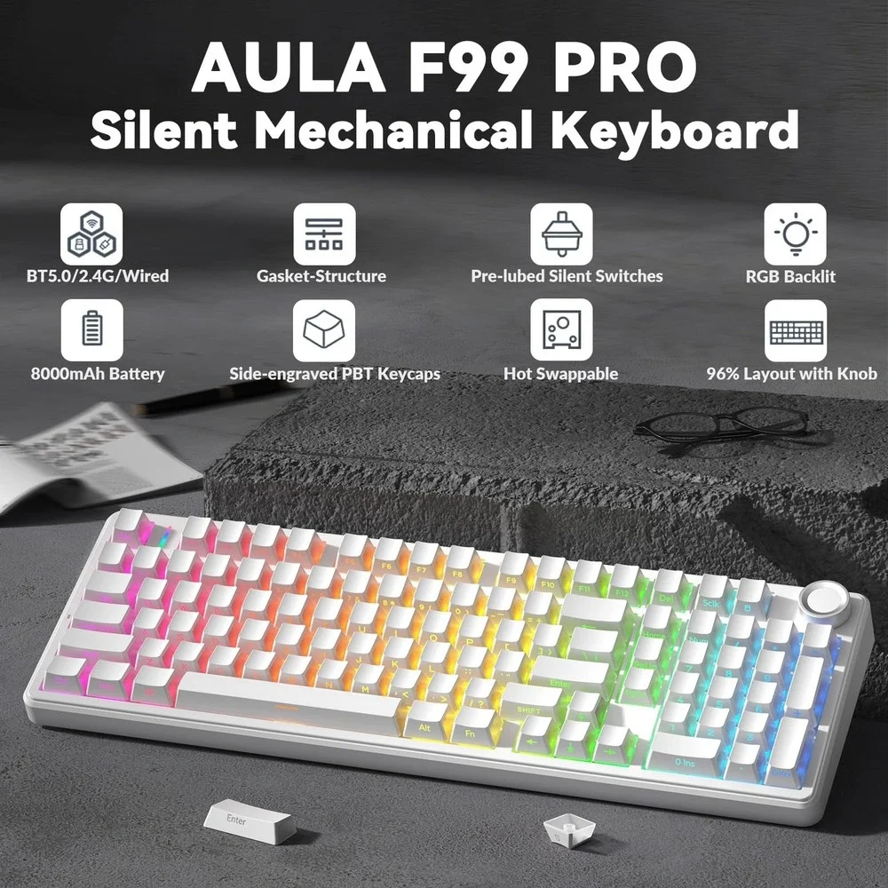 AULA F99 Pro Wireless Mechanical Keyboard Silent White RGB Hot Swappable Gaming